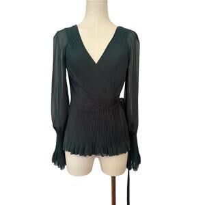 Joie Pleated Wrap Blouse Dark Green Sheer Sleeve Long Sleeve NWOT - XS